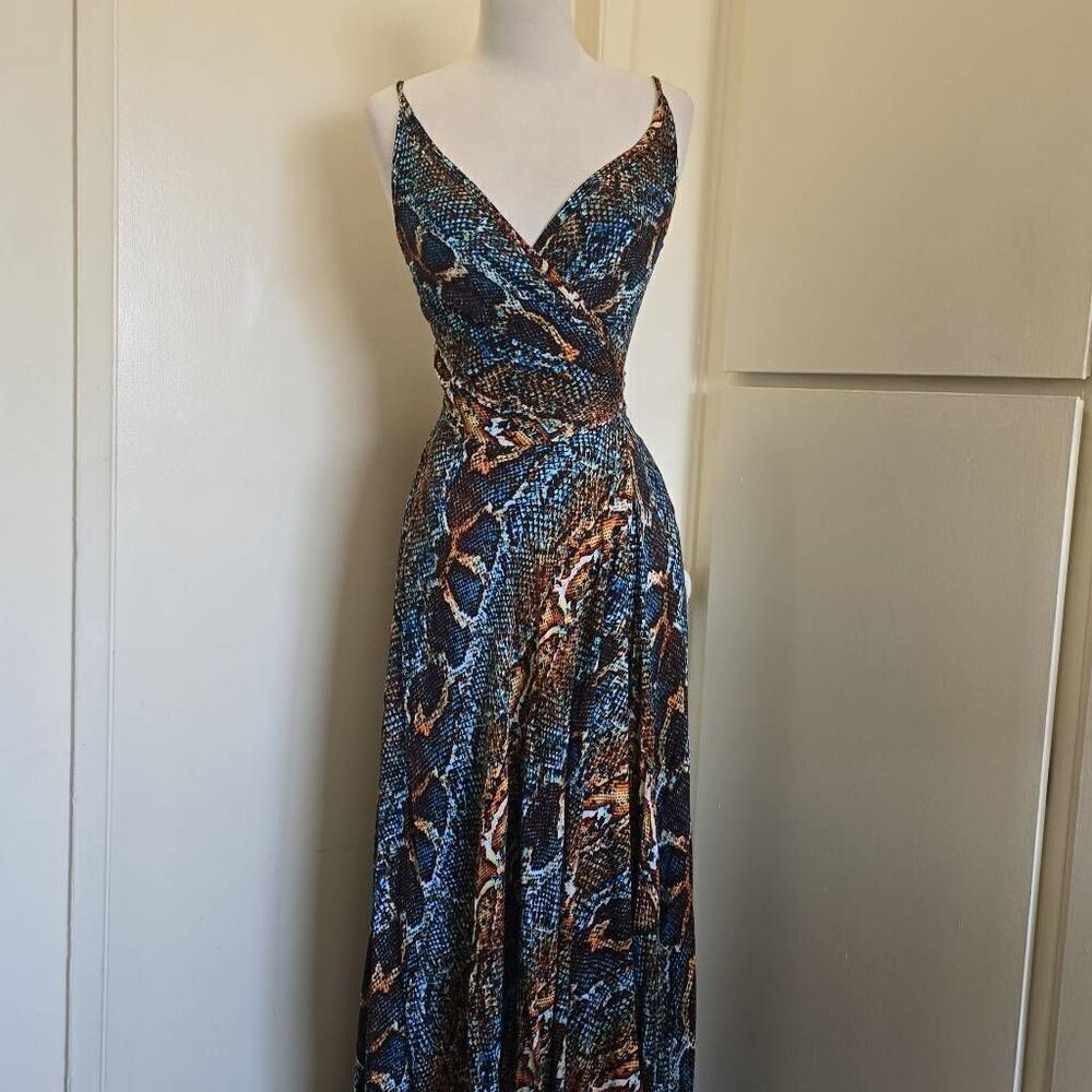 Casonna Snake Print Wrap Maxi Dress in Blues/Brns Rayon woven, pockets, EUC, S